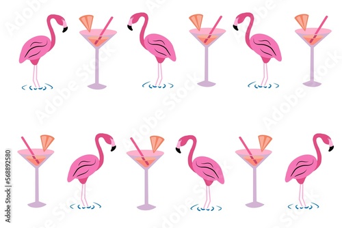 Pattern with pink flamingos and cocktails