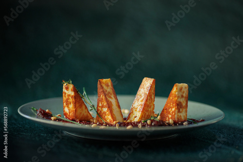 smoked cheese with vegetable on plate