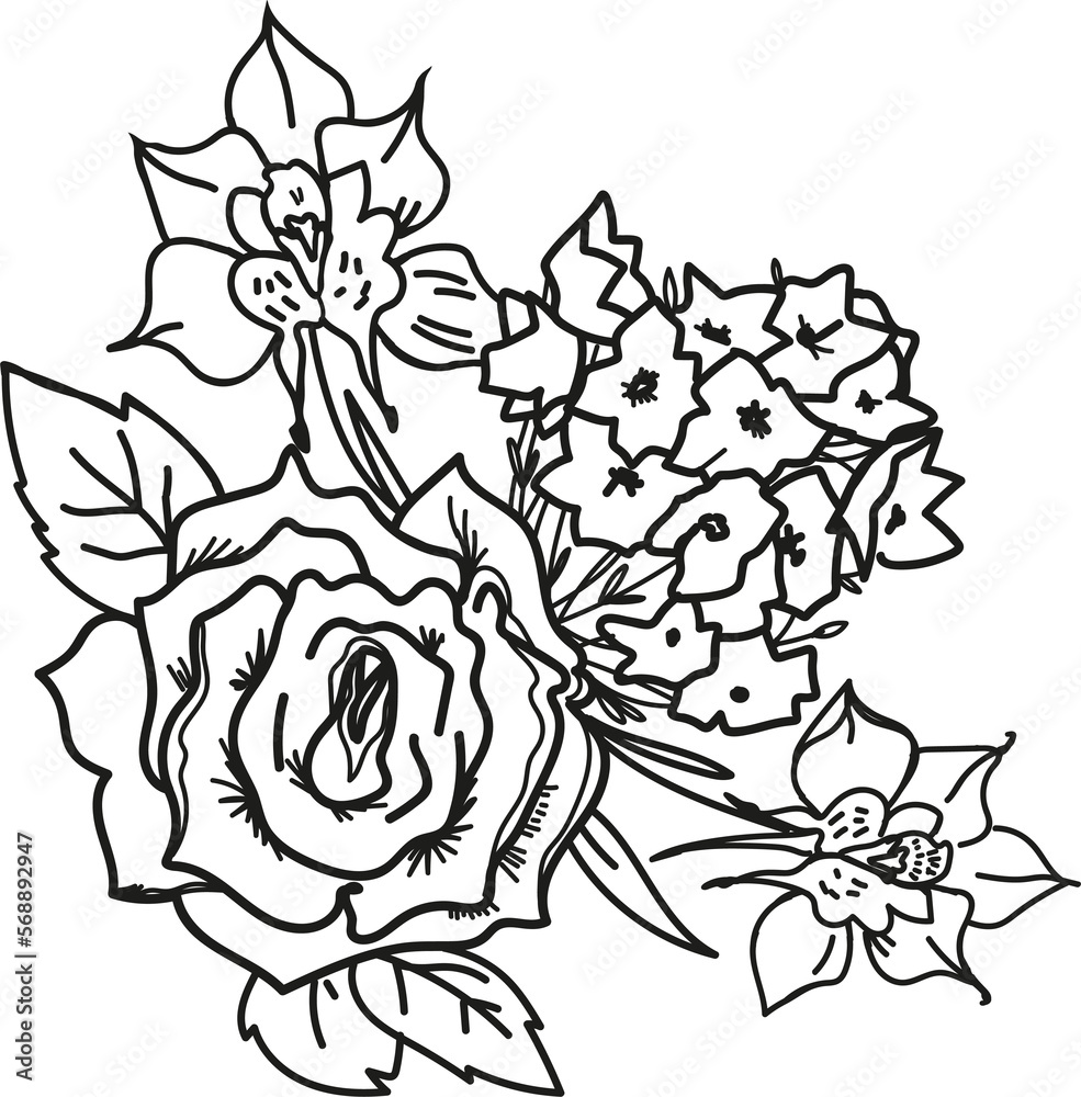 Flowers bouquet in line contour art with rose and orchids. Black line decor with rose for wedding or business cards and textile prints.