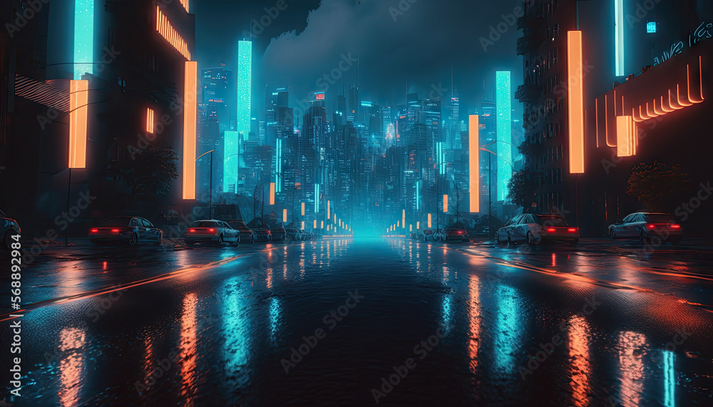 Night city Cyber punk landscape concept. Light glowing on dark scene