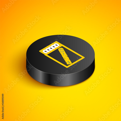 Isometric line Open matchbox and matches icon isolated on yellow background. Black circle button. Vector
