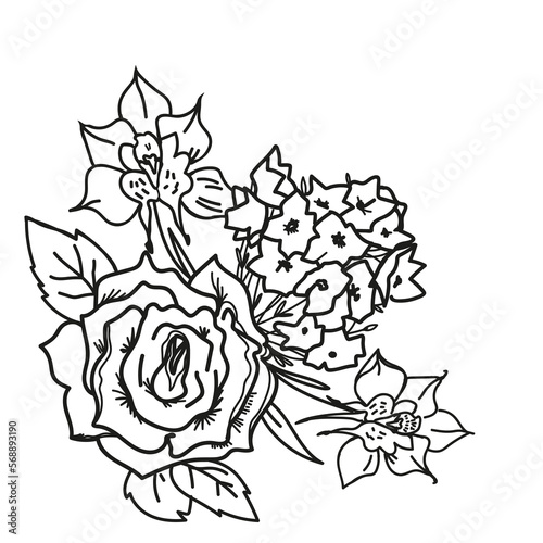 Flowers bouquet in line contour art with rose and orchids, hand drawn vector Illustration isolated on white background. Black line decor with rose for wedding or business cards and textile prints.
