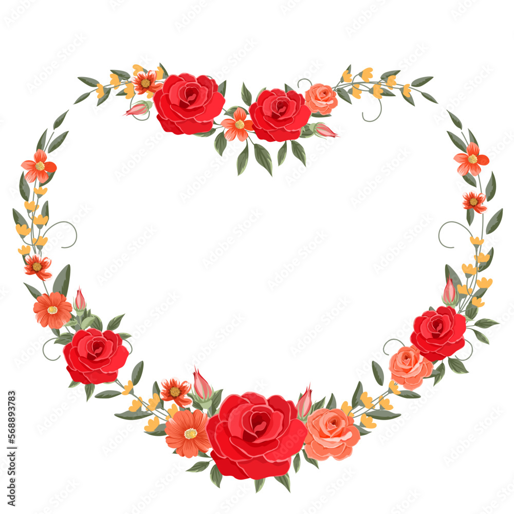 Heart frame with red roses and green leaves for valentine' s day , decoration , wedding , card