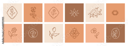 Elegant botanical logo collection, boho style, hand drawn flower and leaf illustrations, delicate and minimal monogram design.
