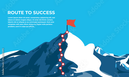 Mountain climbing route to peak with red flag on top in flat style 