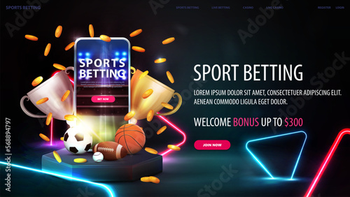 Sports betting, banner with smartphone, champion cups, falling gold coins and sport balls in black scene with neon blue and pink triangles around