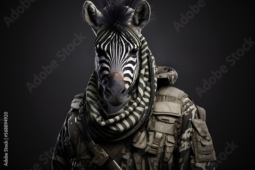 Portrait of a Zebra dressed as a military soldier, generative ai