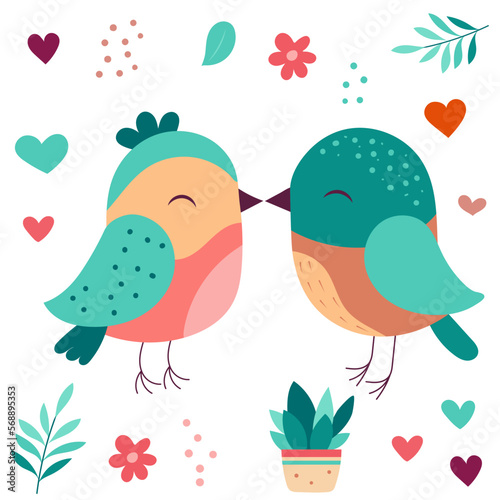 Canvas Print cute love birds in flat style isolated on white background, vector