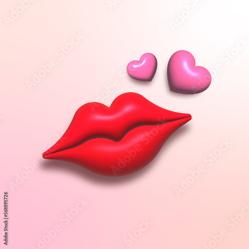 3D red lips with heart on pink background for valentine or wedding poster and banner