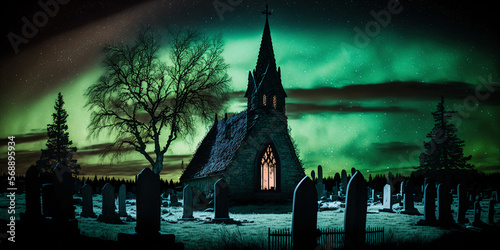 Chapel and graveyard with aurora borealis above photo