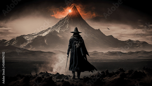 Man standing in front of an erupting vulcano
