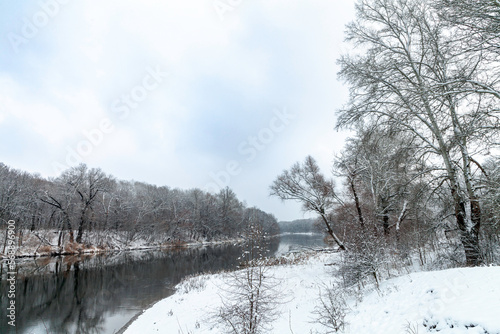 Picturesque snowy trees on the bank of the river in a winter atmosphere after a snowfall. Forest in the snow on the riverbank and the reflection of trees in the water, the gray sky before the snowfall
