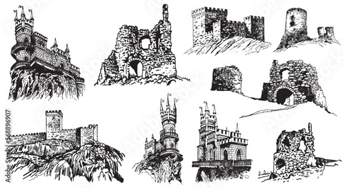 Graphical set of medieval castles isolated on white background,vector illustration