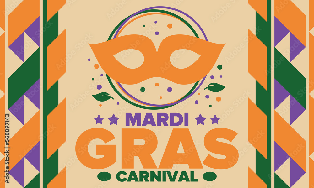 Fototapeta premium Mardi Gras Carnival in New Orleans. Fat Tuesday. Traditional holiday, celebration annual. Folk festival, costume masquerade, fun party. Carnival mask. Poster, card, banner and background. Vector