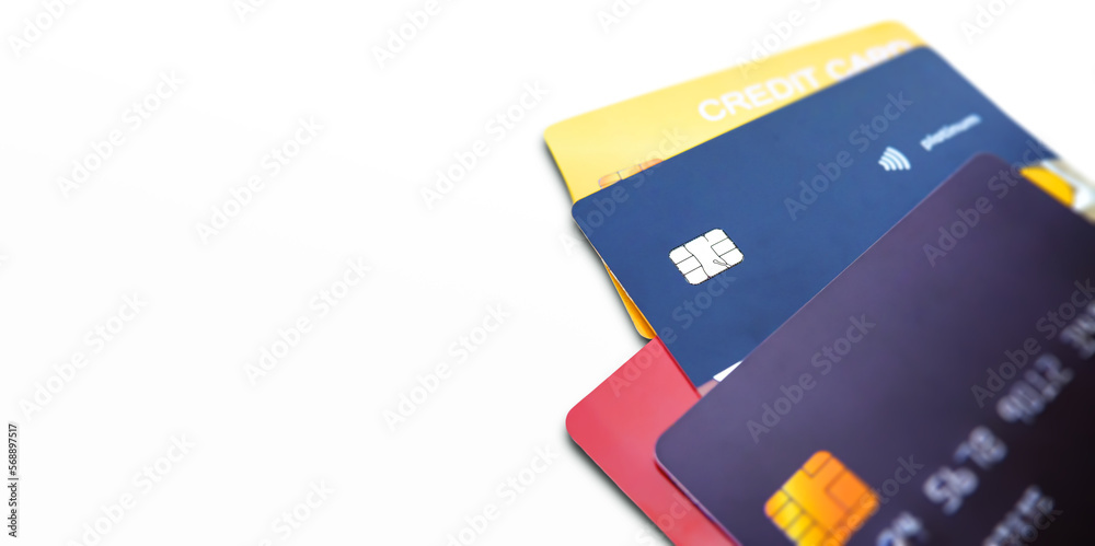 Credit cards isolated on white background with copy space, Credit card payment online concept. Credit cards isolated on white background with copy space, Credit card payment online concept.