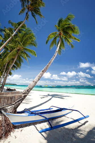 Pristine beach with palm trees, white sand and turquoise tropical sea. Travel destination