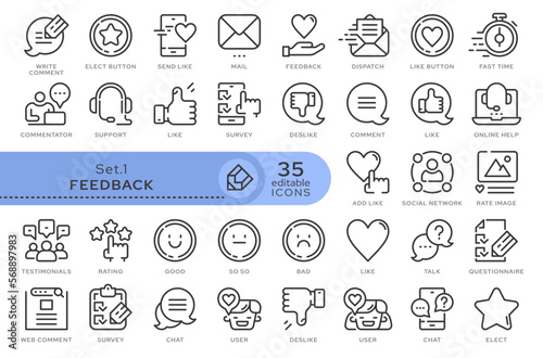 Set of conceptual icons. Vector icons in flat linear style for web sites, applications and other graphic resources. Set from the series - Feedback. Editable outline icon.	