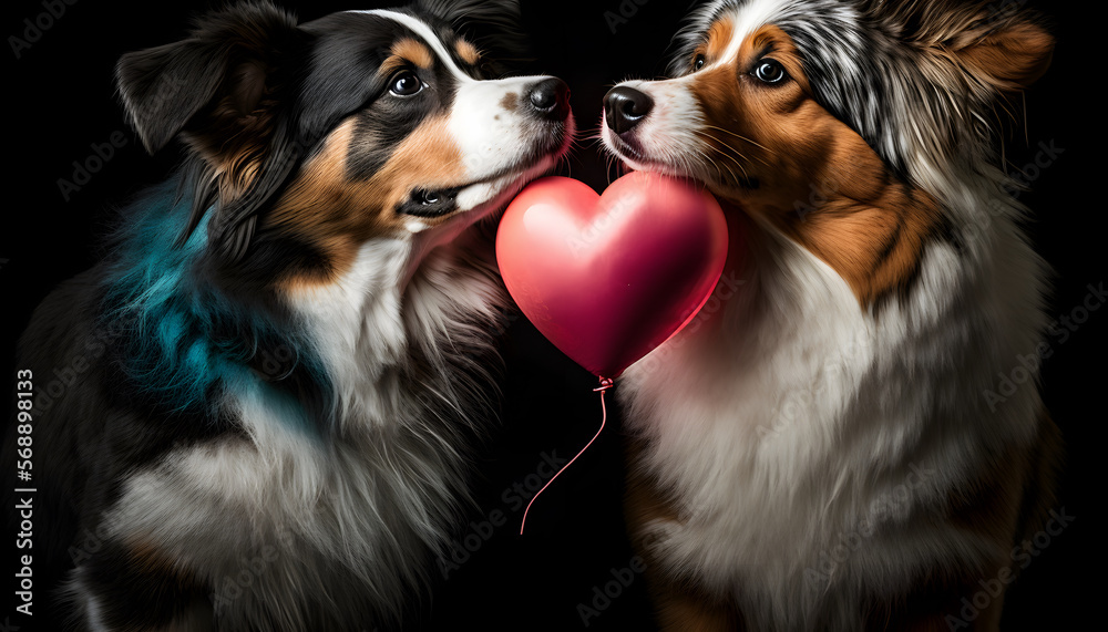 couple of dogs in love kissing, with a heart-shaped balloon on valentine's day, 3d render digital illustration