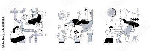 Leisure time spending abstract concept vector illustration set. Board games, play cards, party time, tabletop activities, stay at home activity idea, family fun, friends meeting abstract metaphor.