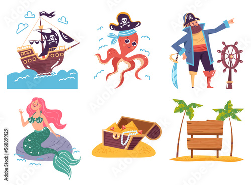 Pirate treasure chest mermaid characters isolated set. Vector graphic design illustration

