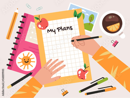 Notebook planner diary to do list on desk plan journal workplace concept. Vector graphic design illustration