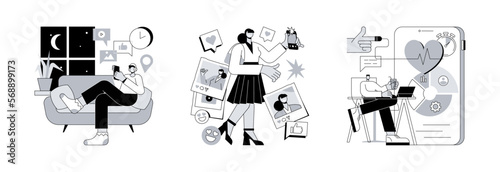 Digital culture abstract concept vector illustration set. Smartphone addiction, selfie, digital wellbeing, phone checking, social network, digital camera, stress management abstract metaphor.