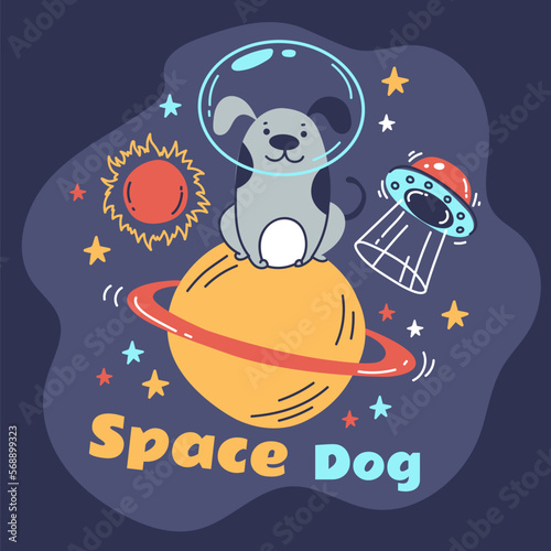 Dog astronaut space character cute animal print cartoon doodle style concept. Vector graphic design illustration