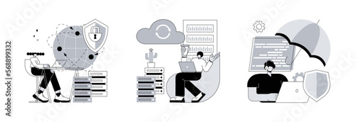 Online data access and security abstract concept vector illustration set. Proxy server, backup server, cyber insurance, computer networking, IP address, IT security, data hacking abstract metaphor.