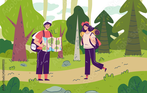 Hike forest camping travel nature adventure tent landscape hiking concept. Vector graphic design illustration
