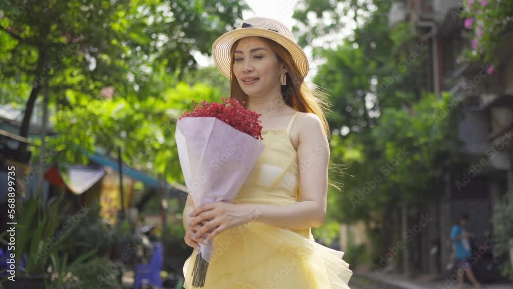 Portrait of Asian Vietnamese woman girl with train railway traveling in Hanoi urban city town, Vietnam. People lifestyle.