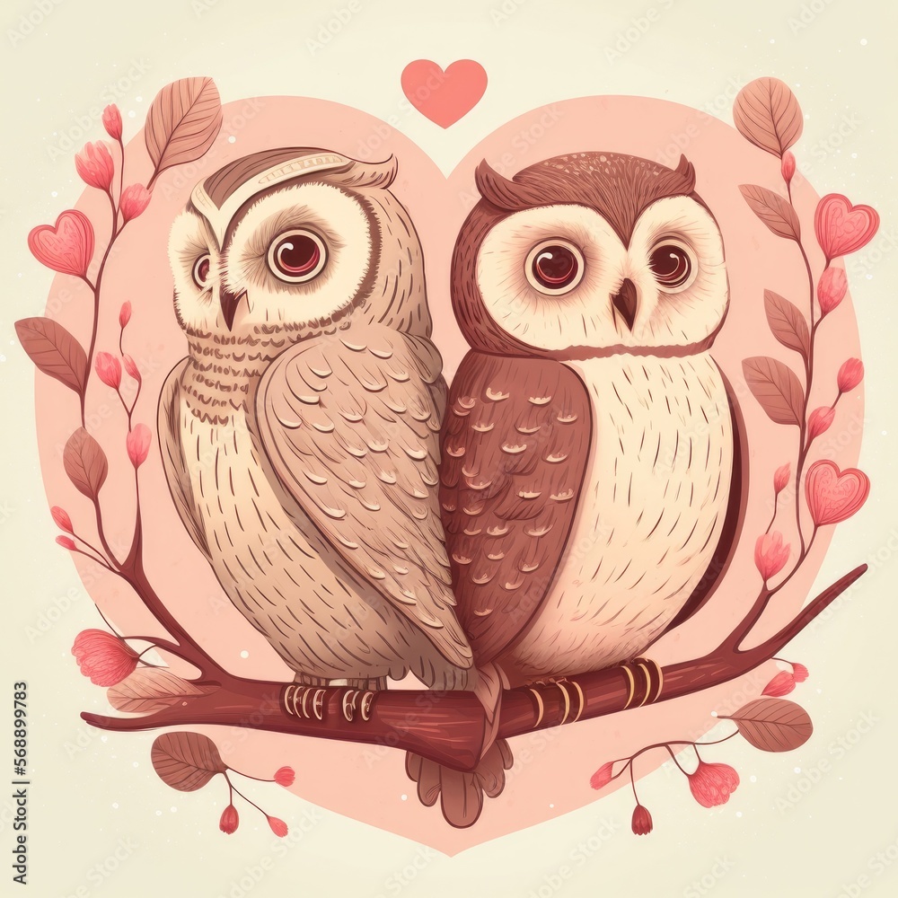 cute couple of owls blowing hearts, love, valentine, vector, AI assisted finalized in Photoshop by me 