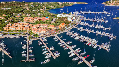 Canvas Print Luxury Porto Cervo Marina from Above: Aerial Drone View of Prestigious Yacht Club and Sailing Boats