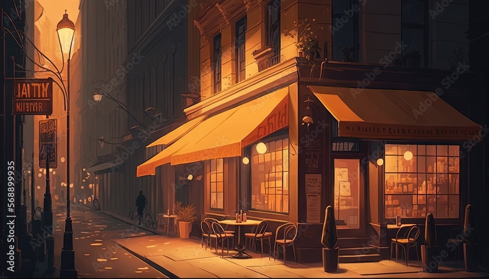  a painting of a restaurant at night with a person walking down the street in front of the restaurant and a person sitting at a table in front of the restaurant.  generative ai