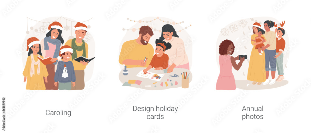 Family tradition and Holiday isolated cartoon vector illustration set. Singing Christmas Eve songs, caroling tradition, design holiday card, take annual photo, family portrait vector cartoon.