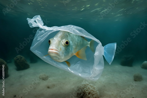 Fish with a Plastic Bag in the Sea, Pollution, Plastics, Generative AI 