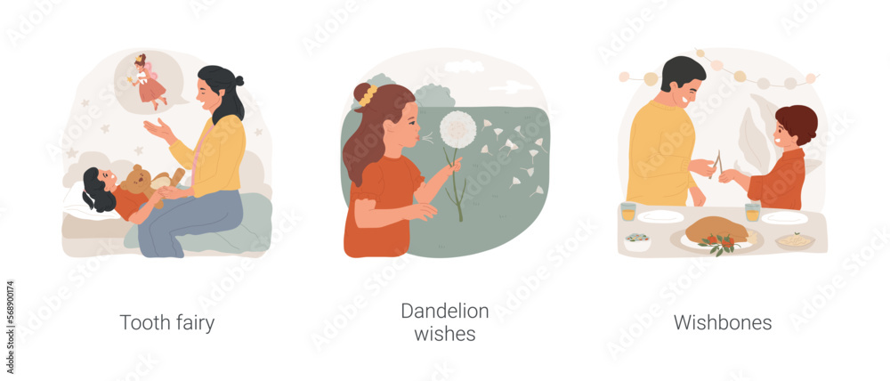 Making wishes isolated cartoon vector illustration set. Tooth fairy visit belief, telling legend to child, blow off dandelion, wishbone tradition, kid and father holding forked bone vector cartoon.