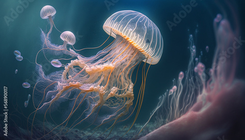 Jellyfish floating on the ocean created with Generative AI