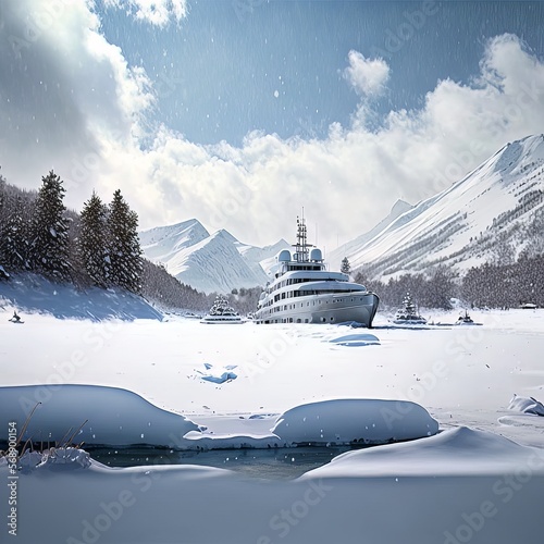 photorealistic motor yacht in the snow, feadship, lurssen, ultrarealistichd-denoise photo