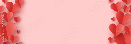 Floating hearts on pink background. Paper cut decorations. Design for Valentine’s Day, Mother’s Day and Women’s Day. Banner. Vector illustration