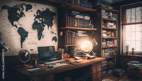  a desk with a lamp and a world map on the wall behind it in a room with bookshelves and a desk with a laptop on it. generative ai