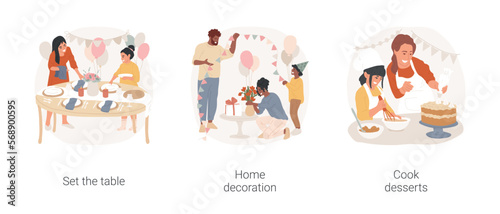Home party preparations isolated cartoon vector illustration set. Set the table, kids put plates on table, home party decoration, child and father hang flags, family cook dessert vector cartoon. © Vector Juice