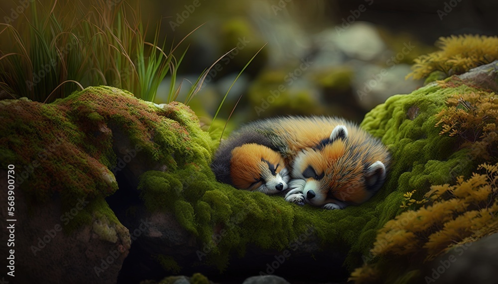 a couple of animals that are laying down in some grass and rocks with moss on it's sides and one of them is sleeping. generative ai a couple of animals that are laying down in some grass and rocks with moss on it's sides and one of them is sleeping. generative ai