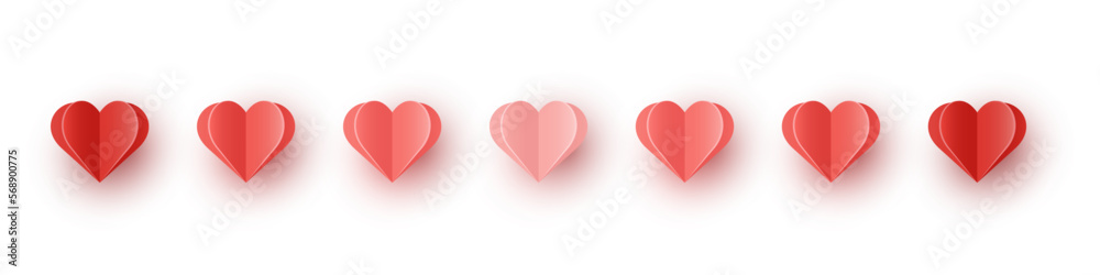 Panoramic header with paper hearts on white background. Concept of design for Valentine’s Day, Mother’s Day and Women’s Day. Banner. Vector illustration