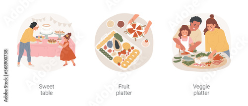Waiting for guests isolated cartoon vector illustration set. Make sweet station, put plates with dessert on table, prepare fruit platter, slicing watermelon, veggie appetizer vector cartoon.