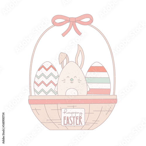 Cute grunge easter basket with bunny, eggs. Vector illustration for greeting, banner, card