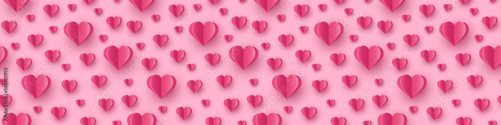 Flying paper hearts on pink background. Seamless pattern with symbols of love for Valentine’s Day, Mother’s Day and Women’s Day. Banner. Vector illustration