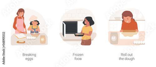 Home cooking isolated cartoon vector illustration set. Kid breaking an egg in a bowl, learn cooking with mom, frozen fast food, puts a plate in a microwave, roll out the dough vector cartoon.