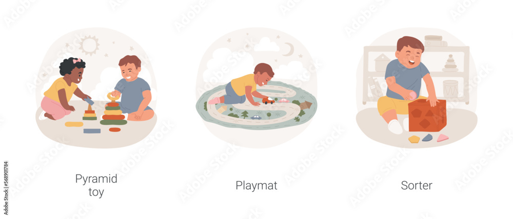 Infant games isolated cartoon vector illustration set. Baby playing with educational pyramid toys, happy infant lying on playmat, sorter brain toy, child mental development vector cartoon.
