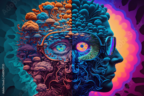 Psychedelic trip into wellness and escapism with surrealis and vibrant trippy illustrations. Generative AI