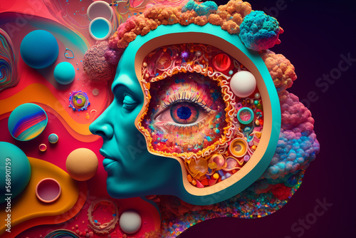 Psychedelic trip into wellness and escapism with surrealis and vibrant trippy illustrations. Generative AI